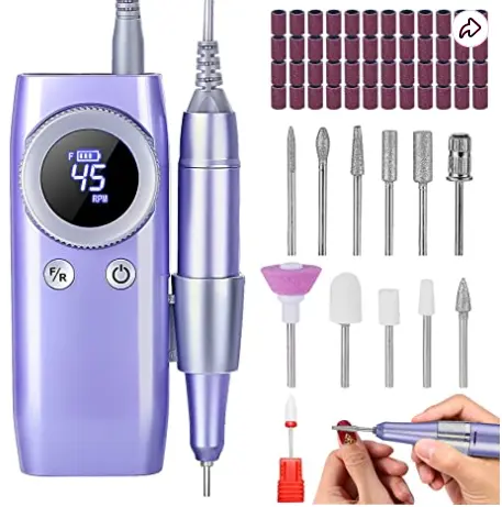 Torno para Uñas Profesional, 45000RPM Portatil Recargable Inalambrico con 12 cabezales de pulido y 48 cintas abrasivas y Pantalla LCD, para Manicura y Pedicura, para Gel o Acrilicas - 1
