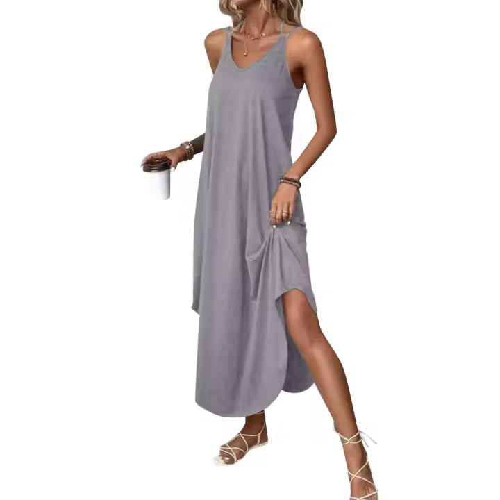 Vestido largo suelto sin mangas para mujer con cuello en V y tirantes, vestidos casuales de Color sólido para uso diario, nuevo - 1