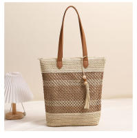 Bolso de paja de un solo hombro con flecos de moda, nuevo bolso tejido de paja a rayas, estilo de vacaciones, bolso de playa - details 0