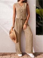 Conjunto de Lino para Mujer Verano 2025 Chaleco Abotonado con Cuello V y Pantalón Ancho - details 11