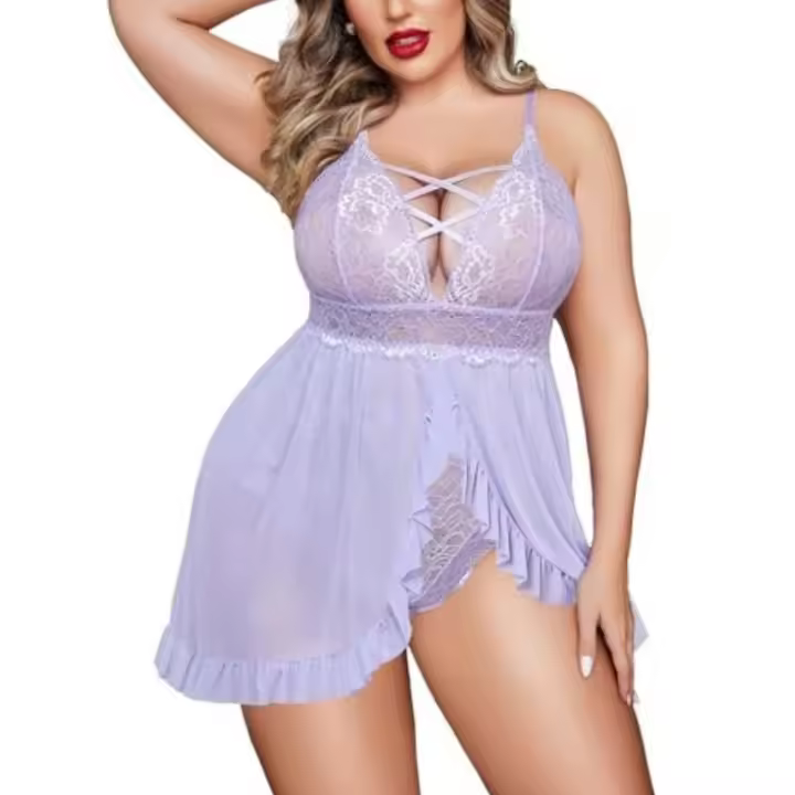 Lencería de talla grande para mujer, vestido sexy de muñeca con botón a presión en la entrepierna, camisón de encaje con lazo curvo y borde con volantes L ~ 4XL - 1