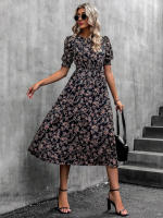 Vestido de mujer, novedad de verano 2025, vestido de longitud media acampanado a la moda con cintura alta y flores redondas para mujer - details 45