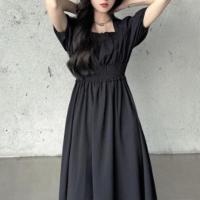 Vestido de verano para mujer, fruncido plisado, cuello cuadrado, manga corta, manga de burbuja, vestido de mujer de Color sólido, vestido Midi con dobladillo suelto - details 14
