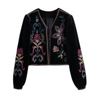 Chaqueta corta de terciopelo con bordado en contraste para mujer, abrigo Vintage de manga larga, prendas de vestir exteriores elegantes - details 1