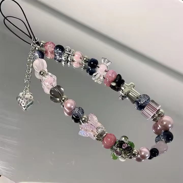 Colgante de Teléfono de Cadena de Flores de Cuentas Rosa Y2K Joyería Estilizada para iPhone - 1