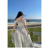 Estilo de vacaciones junto al mar falda con tirantes hilo borde con volantes vestido de playa atmósfera vestido largo elegante ventilador de hadas - details 7
