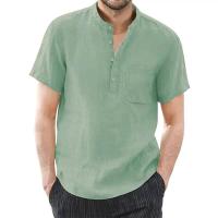 Camiseta de manga corta para hombre, camisetas informales de algodón y lino para hombre, camisa de verano de Color sólido, cómoda y transpirable - details 6