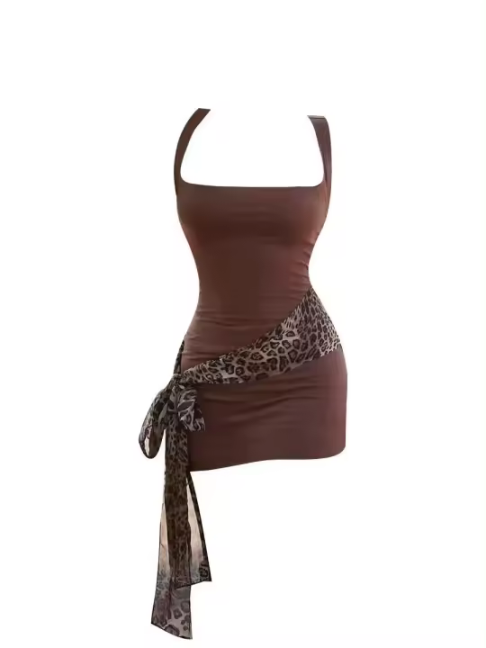 Vestido de tirantes con estampado de leopardo estilo americano para mujer - Nuevo estilo de verano 2024, corte ajustado, ceñido a la cintura, minifalda ajustada elástica - 1