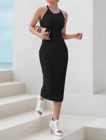 Dodycon-Weary Vestido con cuello halter para mujer, vestido midi, sin mangas, punto acanalado, color liso, nuevo diseño de moda - details 14