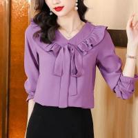 Elegantes Camisas y Blusas Francesas para Mujer Top de Manga Larga con Cuello en V y Volantes - details 8