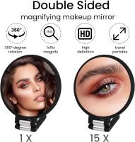 Espejo de mano con aumento de doble cara, espejo de mano 1X 15X con mango plegable de 360°, espejo de maquillaje de viaje portátil redondo - details 1