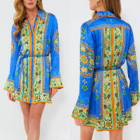 Vestido estampado de manga larga para mujer con cuello de solapa y lazo - details 0
