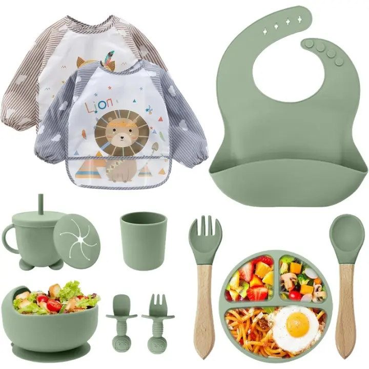 Cubiertos Bebe,Juego de 12 Piezas Platos Bebe con Ventosa, Bebé,Cubiertos Infantiles,Juegos de Vajilla Bebe,Cuchara Bebe,Babero Silicona Bebe,Plato de Silicón Antideslizante Sin BPA… - 1