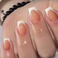 24pcs Uñas Postizas Cortas En Forma De Almendra Con Borde Redondo Y Perlas Blancas Diseño Francés Lindo Y Dulce Para Uso Diario - details 7
