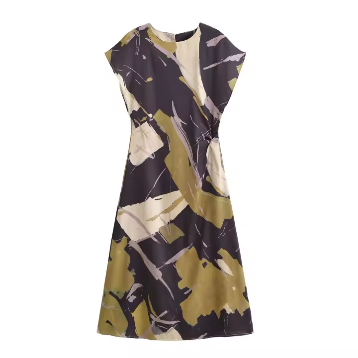 TRAFZA-Vestido largo con estampado para mujer, prenda de manga corta con cuello redondo y botones en la espalda, elegante y ajustado, para verano - 1