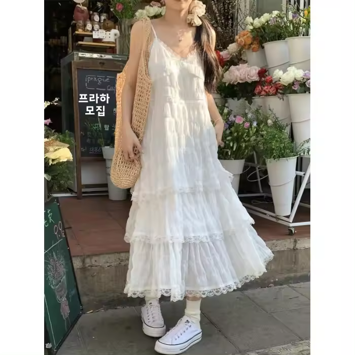 Lindo vestido de tirantes francés blanco de aspecto juvenil falda larga de pastel suelta pequeña para vacaciones de verano para mujer - 1