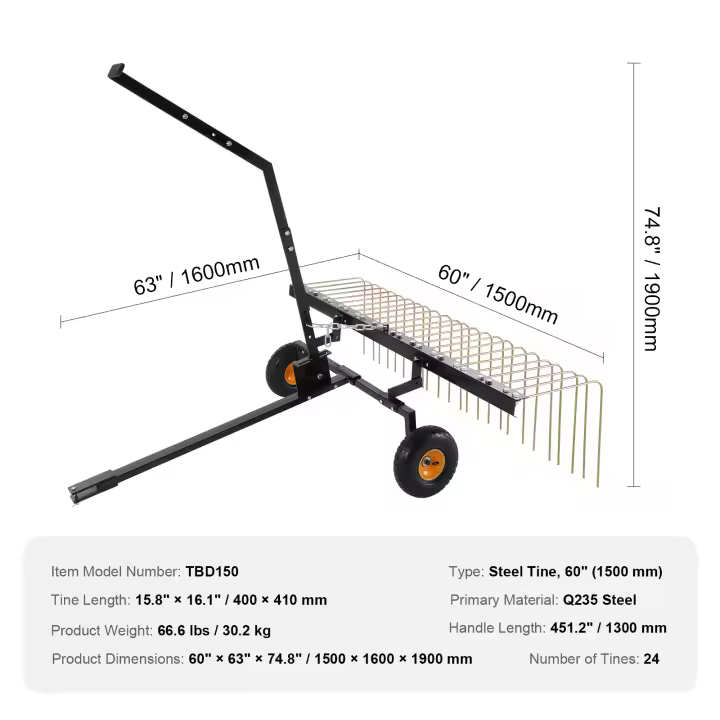 SucceBuy Remolque de 40 pulgadas detrás del desbrozadora, rastrillo de césped con 20 púas de acero con resorte, remolque para ATV y cortacésped, herramienta para césped de granja con mango de elevación - 1