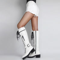 Botas de cuero con cremallera lateral para mujer, botines de tacón bajo a la moda, parte inferior gruesa con cordones, novedad de invierno de 2025 - details 23