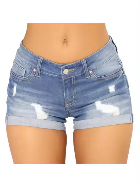Pantalones cortos de mezclilla de verano para mujer, pantalones cortos ajustados con agujeros rasgados - 1