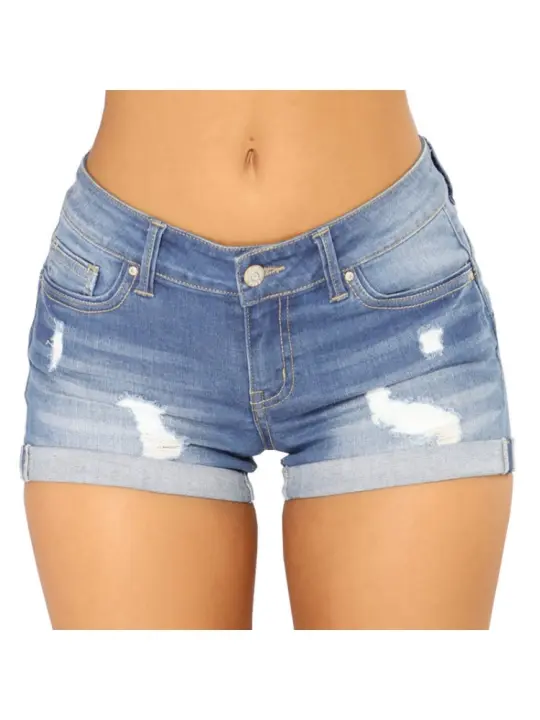 Pantalones cortos de mezclilla de verano para mujer, pantalones cortos ajustados con agujeros rasgados - 1