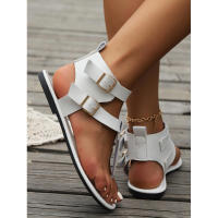 Estilo Verano Nuevo Tacón Bajo Punta para Mujeres Cómodas Sandalias Planas de Toma Alta con Hebilla de Cinturón. - details 10
