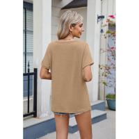 BUNO-2025 Nueva camiseta holgada de manga corta con cuello en V de Color sólido para mujer - details 12