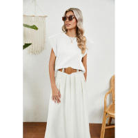 BUNO-2025 Tops para mujer, pantalón corto informal de moda de verano, camisetas básicas con textura a rayas de Color sólido y cuello redondo - details 49