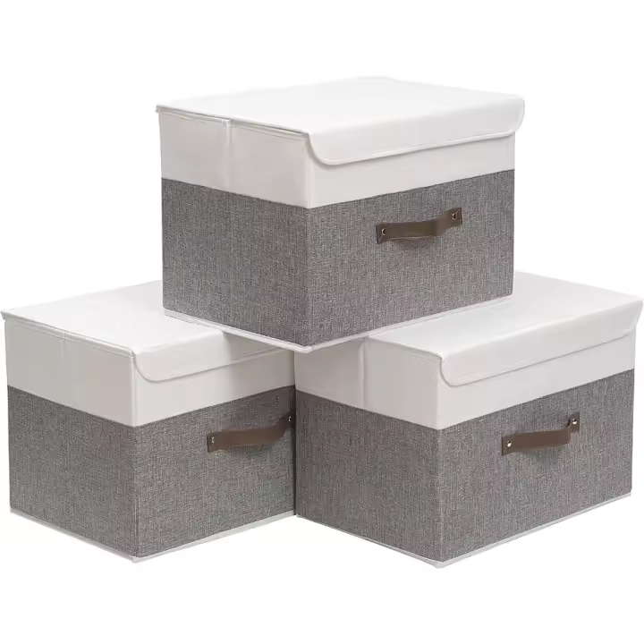 Cajas Almacenaje Lavable Plegable, Cesta de Tela, Juegos de Organizadoras con Tapa y Asa, Cubos de Almacenamiento, Contenedores de Tela para Ropa, 38 x 25x 25 cm, Gris/Blanco - 1