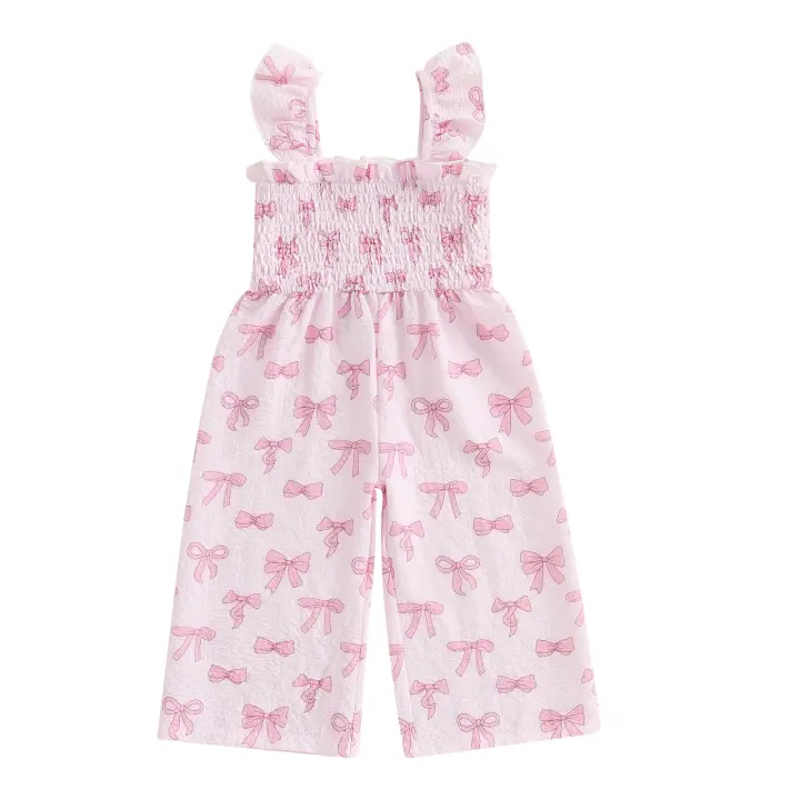 Mono para niña con estampado de lazo y mangas con mosca, mono con tirantes, pantalones para bebé de 6M a 4T - 1
