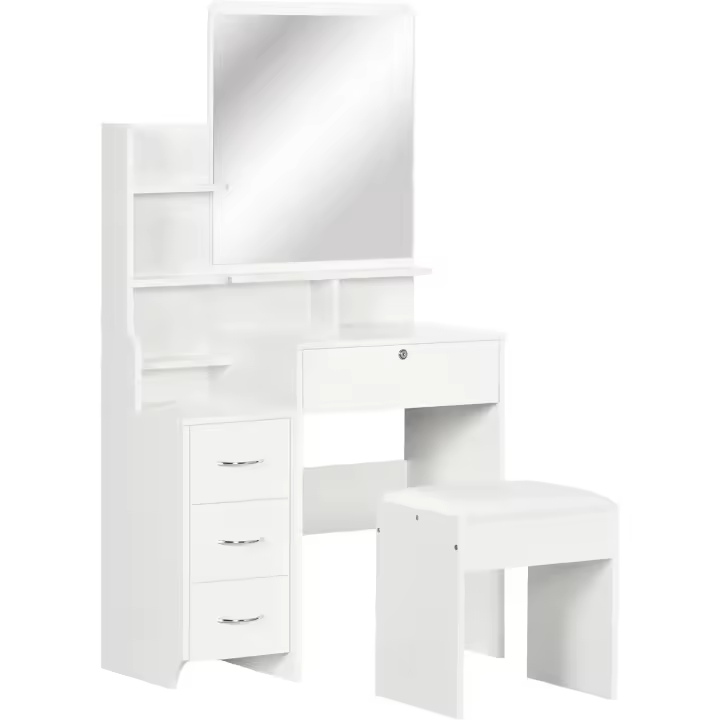 Taburete y Espejo Mesa Maquillaje con 4 Cajones 4 Compartimientos Almacenamiento Estilo Morno 80x38x143 cm Blanco - 1