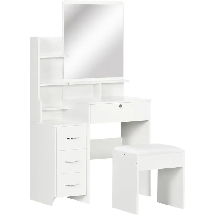 Taburete y Espejo Mesa Maquillaje con 4 Cajones 4 Compartimientos Almacenamiento Estilo Morno 80x38x143 cm Blanco - 1
