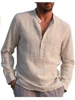 Camisa informal de lino para hombre, camisa de manga larga con cuello en V, ropa de playa, 2024 - details 13