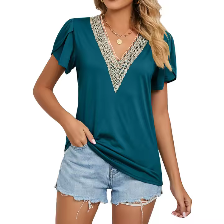 BUNO-2025 Camiseta holgada de manga corta con cuello en V para mujer, Top informal de encaje de Color puro, camiseta holgada cómoda y transpirable para verano - 1