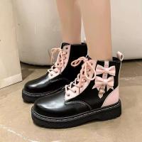 Tobillo con lazo rosa para mujer en otoño, botas cortas de suela gruesa de cuero PU - details 4