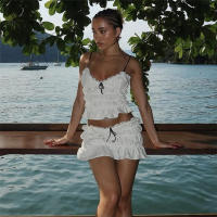 BUNO-Conjunto de 2 piezas fruncido de estilo dulce de gato extraño para mujer, camisola fruncida Sexy con cuello bajo y espalda descubierta + faldas con capas, ropa de calle de moda Y2K - details 1