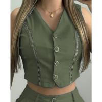 Conjunto de Dos Piezas para Mujer Chaleco Corto sin Mangas con Cuello en V y Botones - details 4