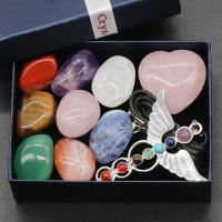 Colgante de ala de Ángel de 7 Chakras Natural, forma de corazón, cuarzo rosa, piedras pulidas caídas, juego de cristales curativos de energía, regalo con caja - details 0