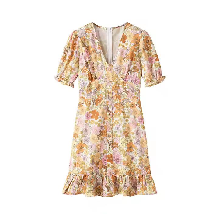 Vestido de Verano Floral de Largo A-líneas con Manga Abullonada Vestido de Vacaciones para Mujeres - 1