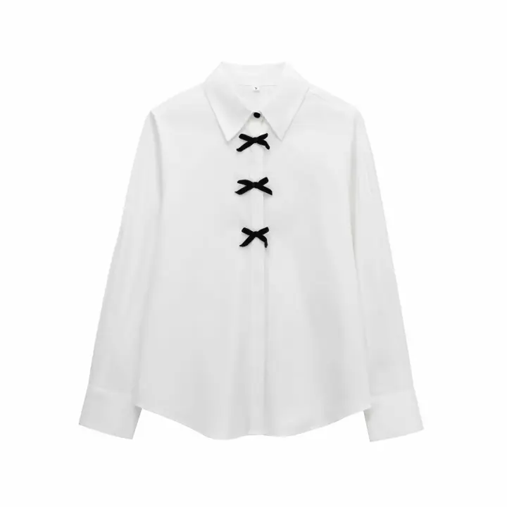 , otoño casual redondo n manga larga tejido liso y lazo decorativo en el pecho, moda de 2 colores para mujer - 1