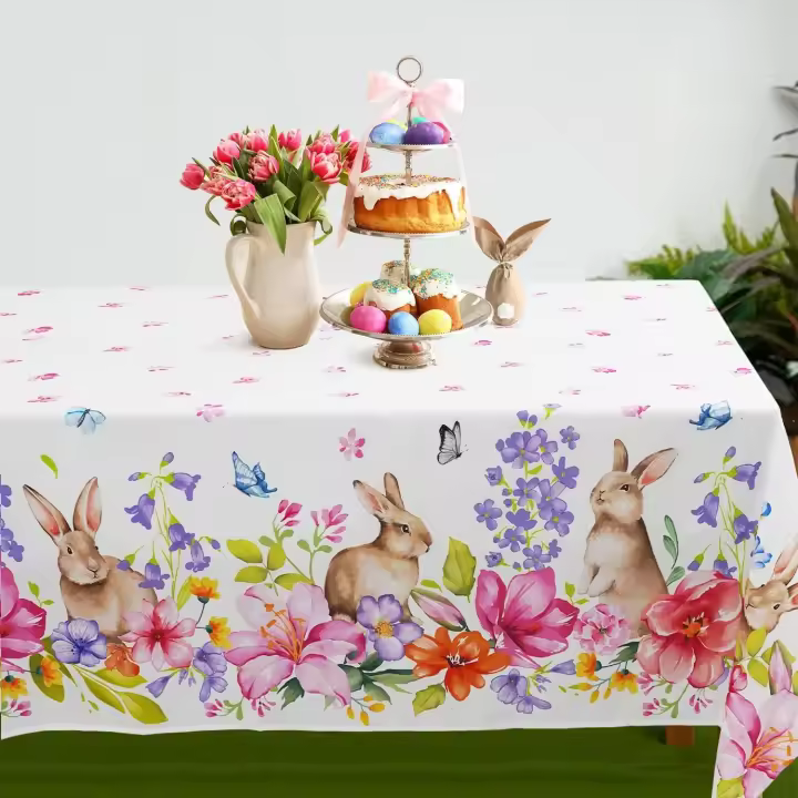 Mantel rectangular impermeable, mantel de conejito para colorear ral de primavera para comedor, fiesta en casa, decoración de Pascua - 1