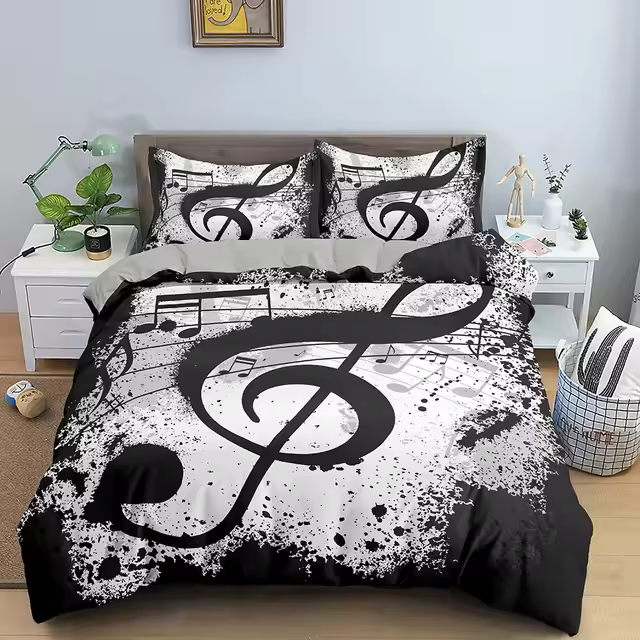 Conjunto de Ropa de Cama de Nota Musical 3pcs Cubierta de Edredón de Poliéster Tamaño Rey/Reina - 1