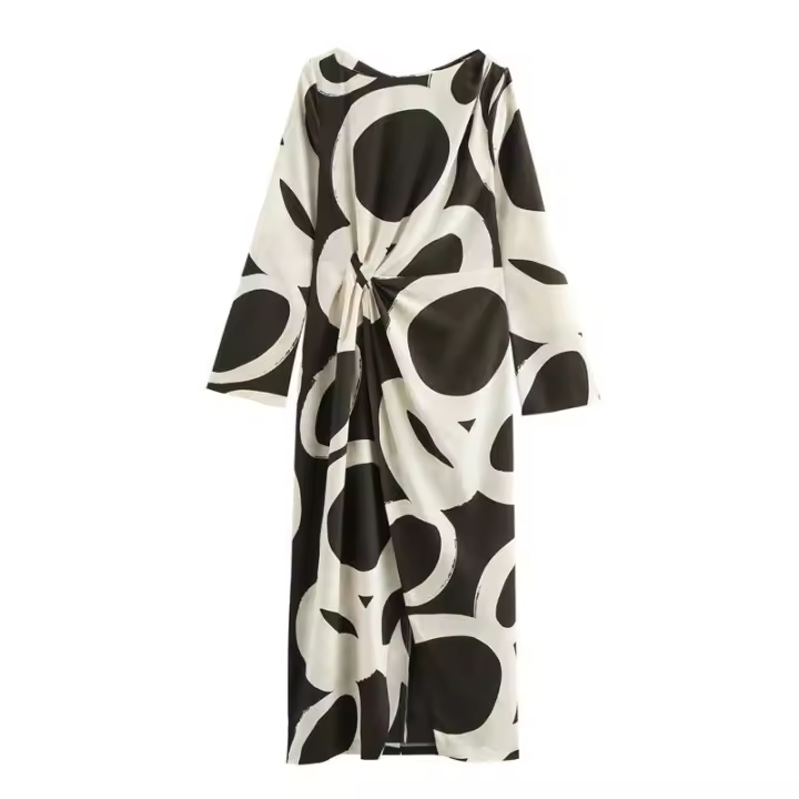 OUWU- Mujer Cuello Redondo Contraste Plisado Estampado Manga Larga Otoño Nuevo Vestido Midi - 1