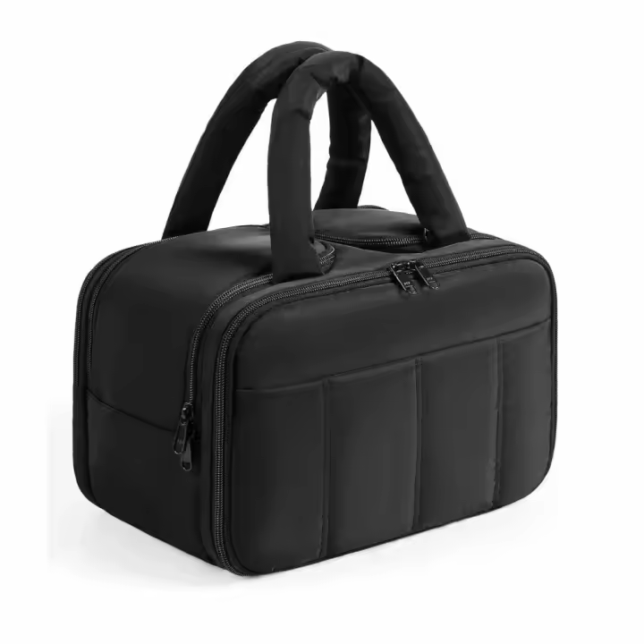 Bolsa de almacenamiento de maquillaje de gran capacidad, contenedor de cosméticos portátil hinchado con asa, bolsa de lavado multifuncional, almacenamiento de cables de datos - 1