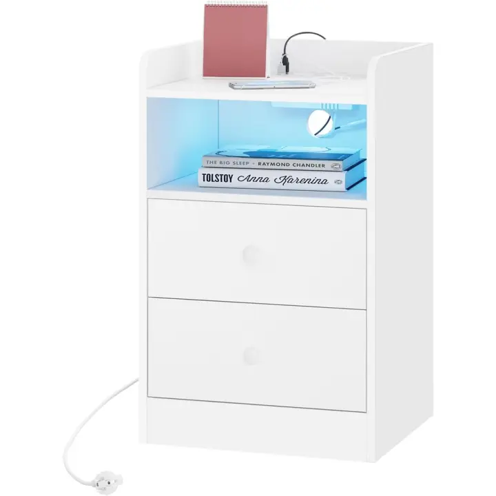 Estación Carga y Luz LED, Mesa Auxiliar con Enchufes, Puertos USB, Mesa Noche Mara con Cajones, 40x35x64 cm, para Dormitorio, Blanca, NTS07ws - 1