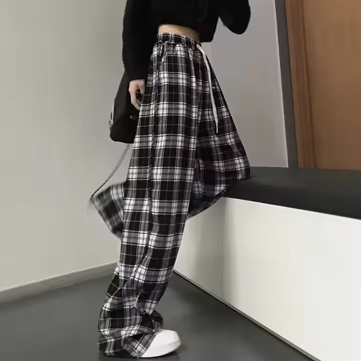 2025 pantalones ligeros para mujeres piernas anchas cintura alta casual corte recto color cintura a cuadros pantalones elásticos - 1