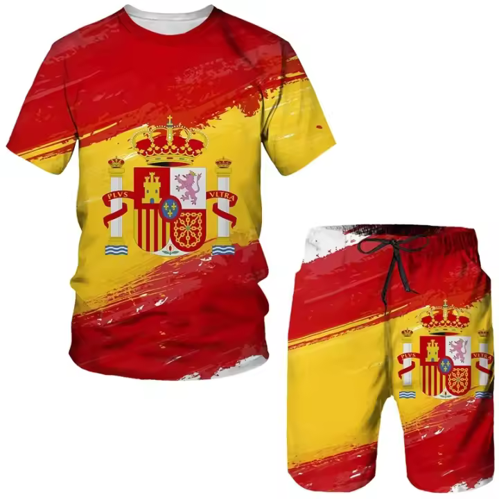 Chándal de manga corta con estampado 3d de bandera de España para hombre, sudadera de 2 piezas, con cuello redondo Camiseta holgada, conjunto de ropa - 1