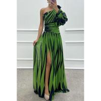 Vestido de gala largo asimétrico con estampado de rayas - Tul italiano holográfico y tecnología para graduaciones/bodas - details 12