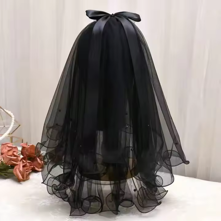Velos para la cabeza de novia para boda, velo de encaje de malla de gasa de doble capa Vintage negro, accesorios para sombrerería de fiesta para mujer y niña, accesorios para fotos - 1