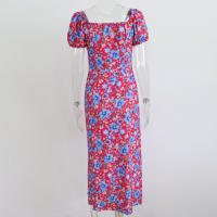 Vestido de mujer, novedad de verano 2025, vacaciones, pausa para el té, cuello cuadrado, falda de longitud media, mangas de burbuja, vestido con abertura Floral francés - details 15
