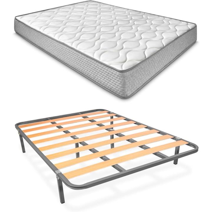 Cama Completa con Colchón Marko Reversible + Somier de Láminas Basic con 6 Patas Abrazadera, 135 x 190